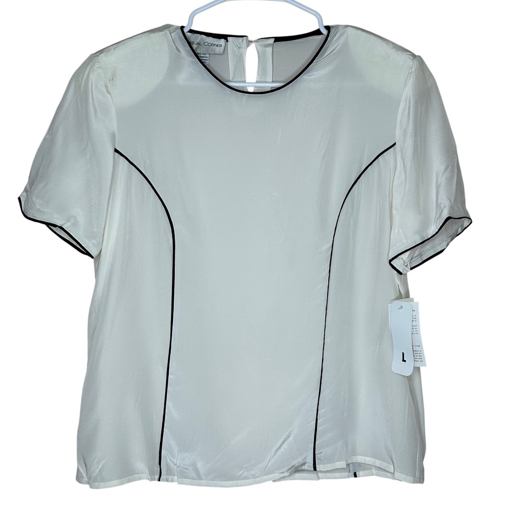 Casual Corner Ivory Blouse with Black Piping